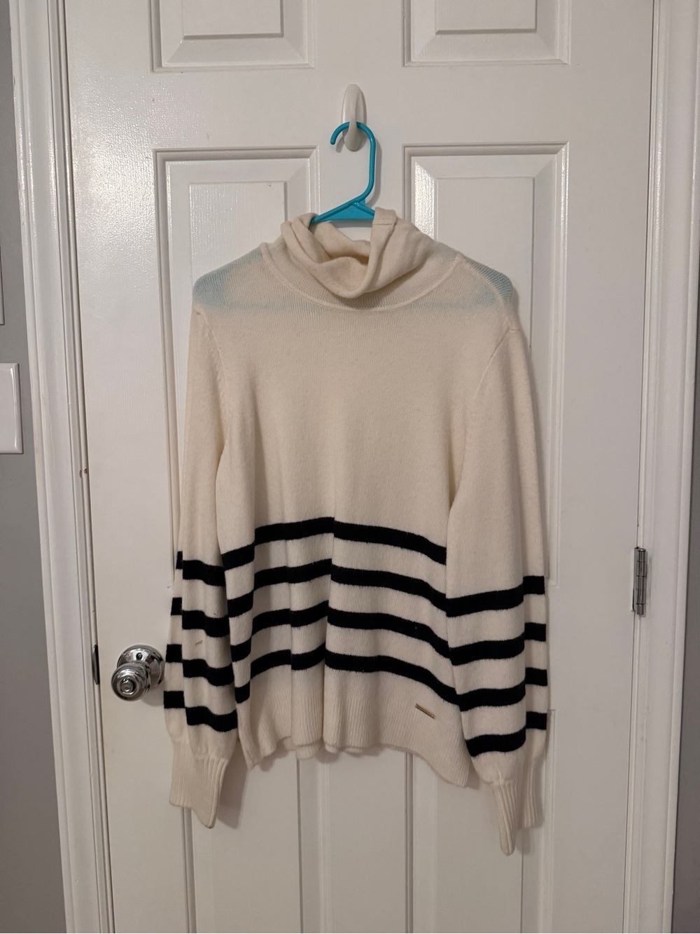 Michael Kors Cream and Black Striped Cowl Neck Sweater